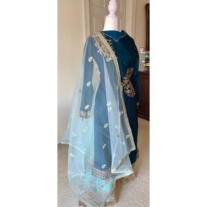 Teal and Gold Embroidered Dress with Sheer Shawl
